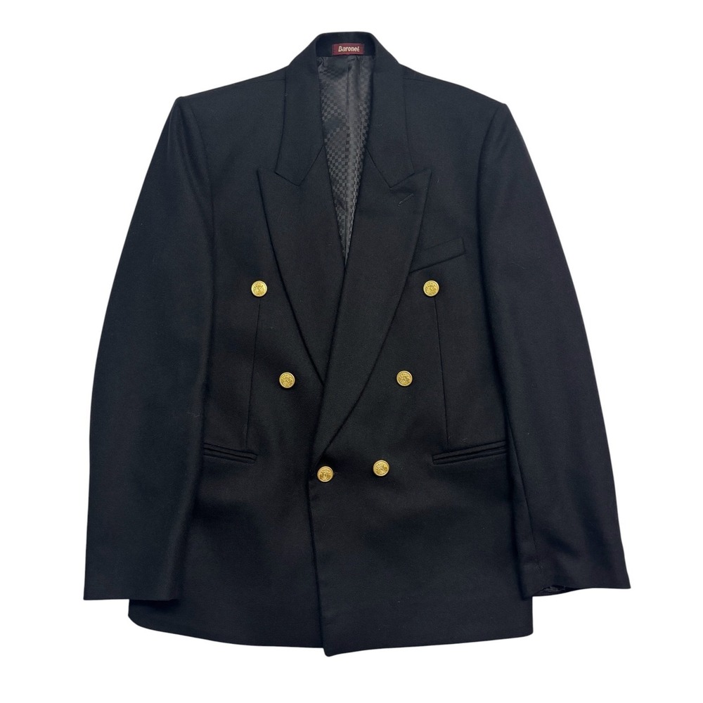vintage Black Double Breasted 36R Gold Buttons Blazer Jacket Sport Coat Flannel